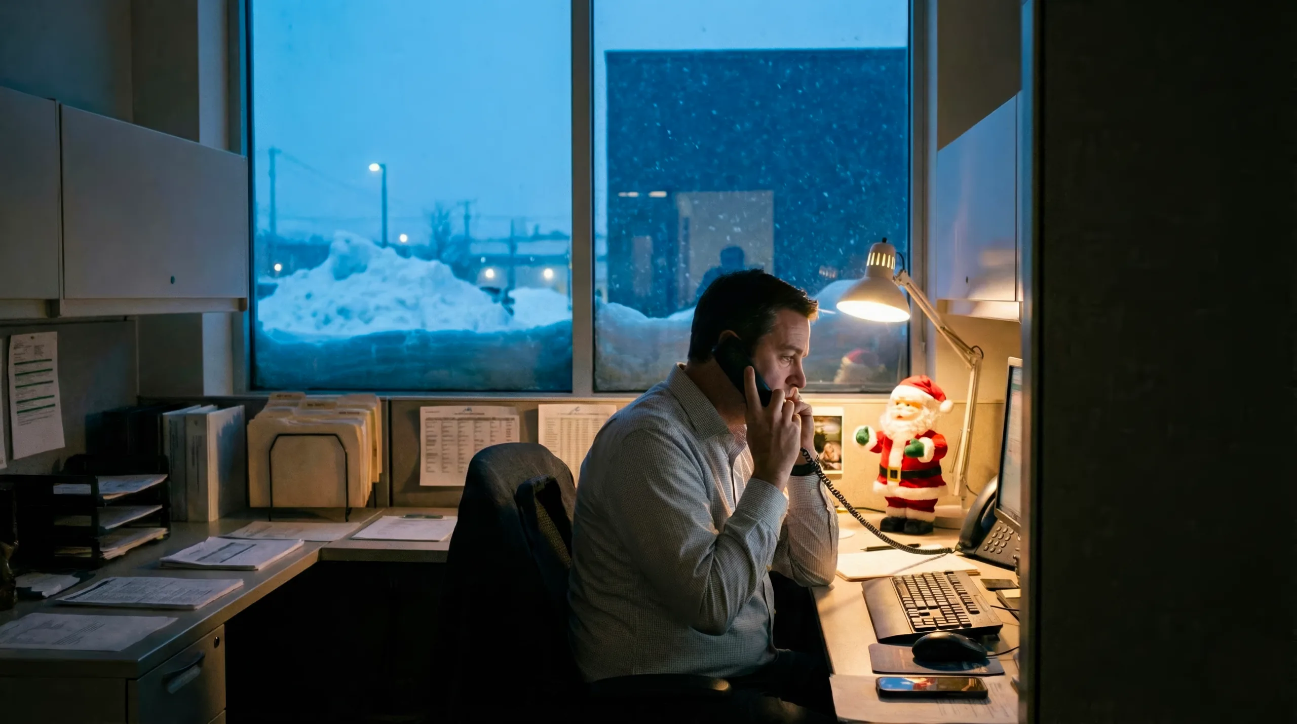 Homme au téléphone dans un bureau éclairé à la lampe, la neige à la fenêtre, carte de Noël Alléluia 2025