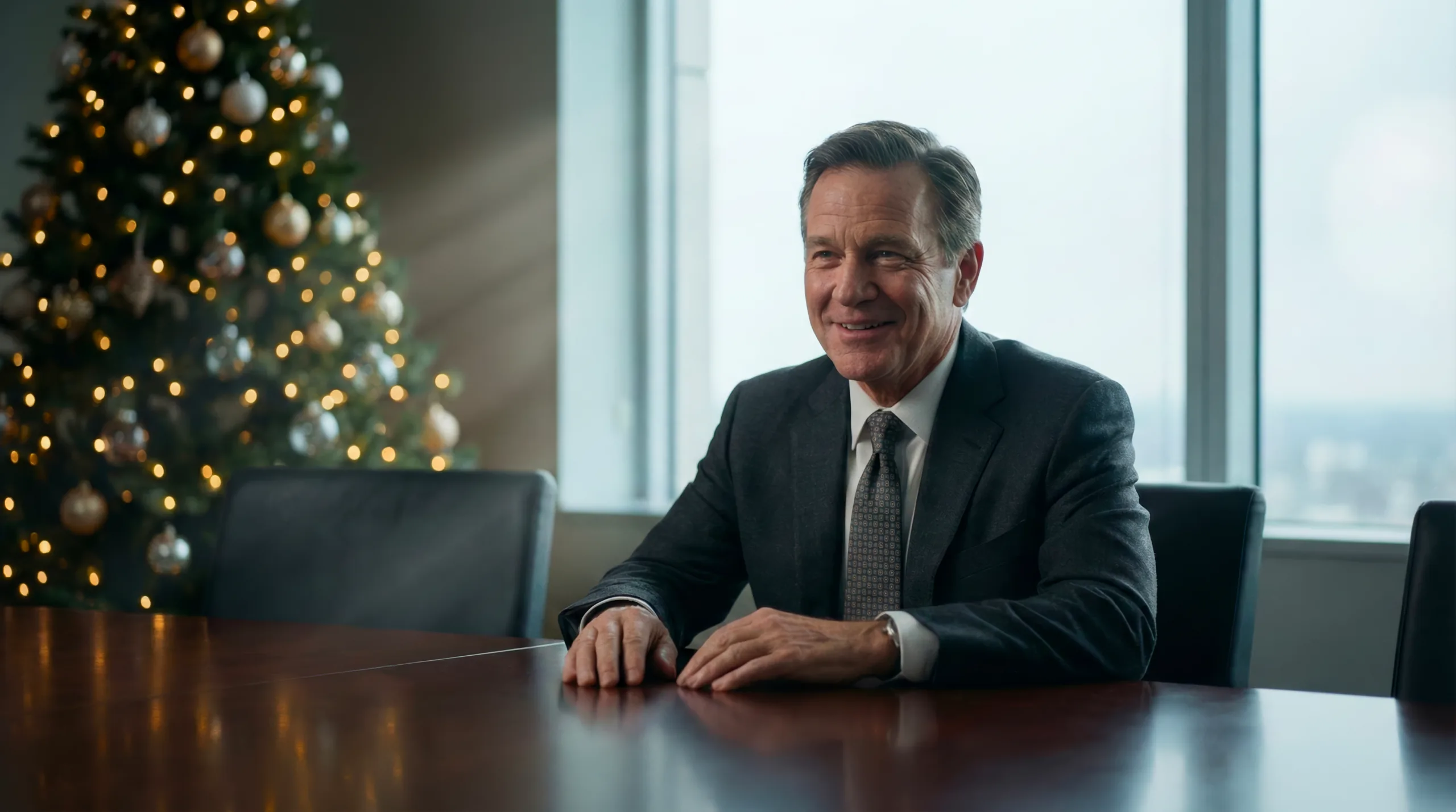 Homme d'affaires souriant dans une salle de réunion décorée pour Noël, image générée par IA pour la carte de Noël Alléluia 2025