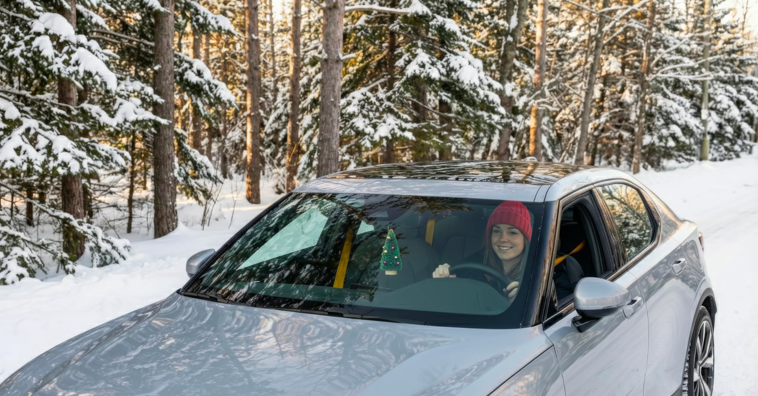 Conductrice souriante dans une voiture enneigée en pleine forêt, carte de Noël Alléluia 2025