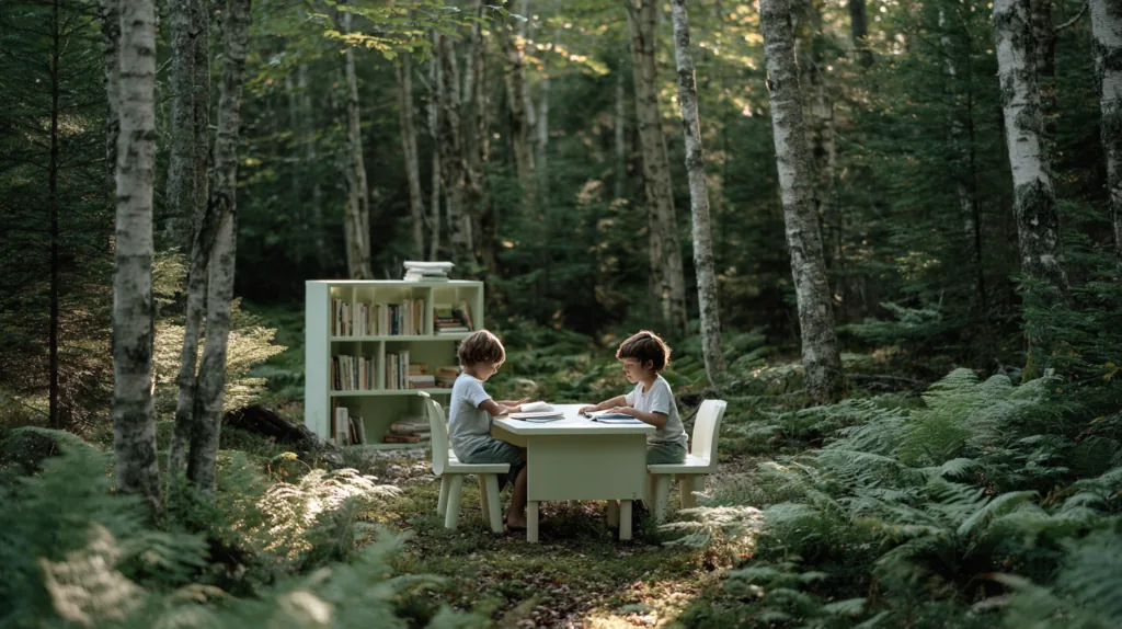 Two children doing homework at a desk set up in the forest, staging the 'playroom' concept for Bonneville