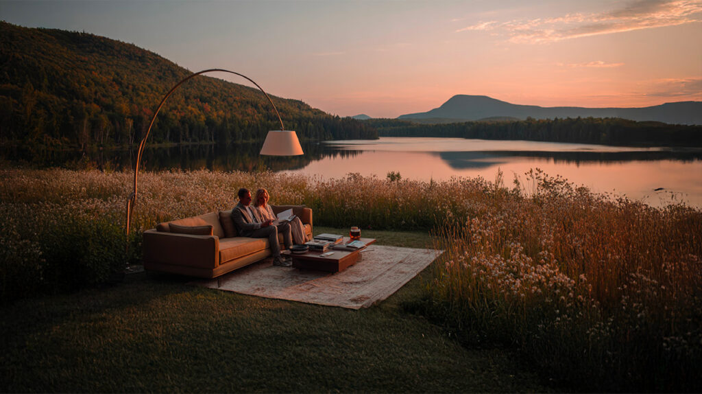 A couple sitting on a sofa facing a lake at sunset, staging the 'living room' concept for Bonneville