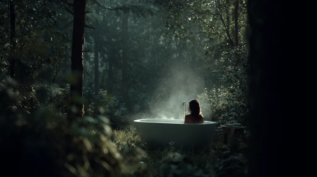 A person in an outdoor bathtub surrounded by a misty forest, staging the 'bathroom' concept for Bonneville