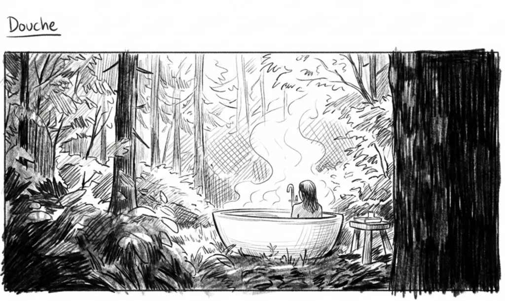 Illustrated storyboard 'Bathroom': a silhouette in an outdoor bathtub in a misty forest, Bonneville concept