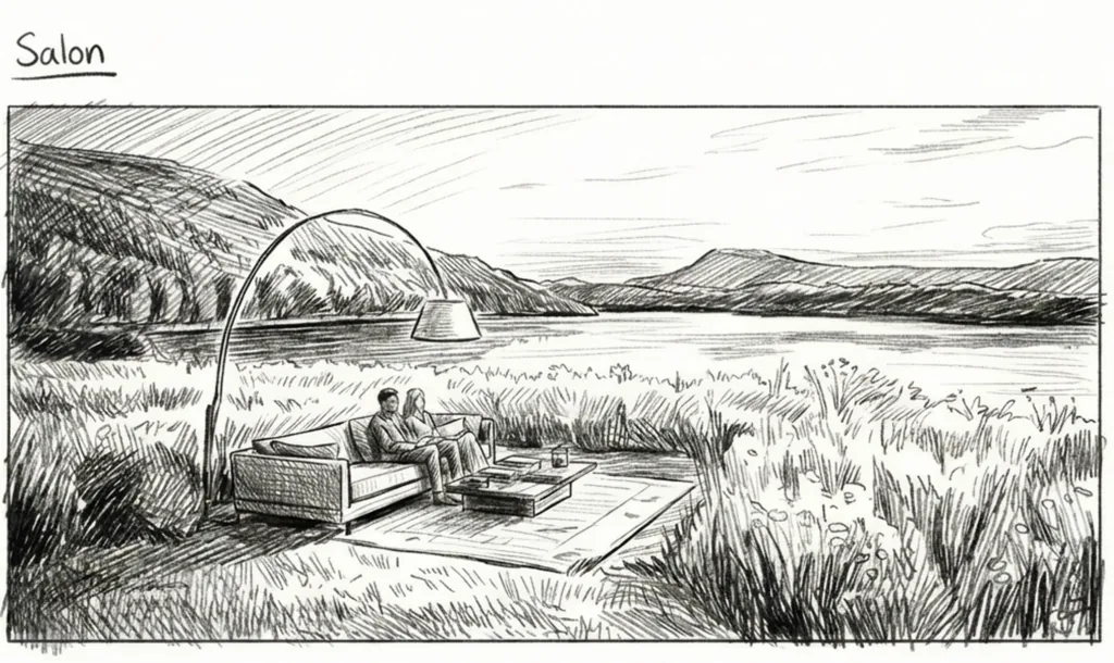 Illustrated storyboard 'Living room': a couple relaxing on a sofa facing a lake, Bonneville concept