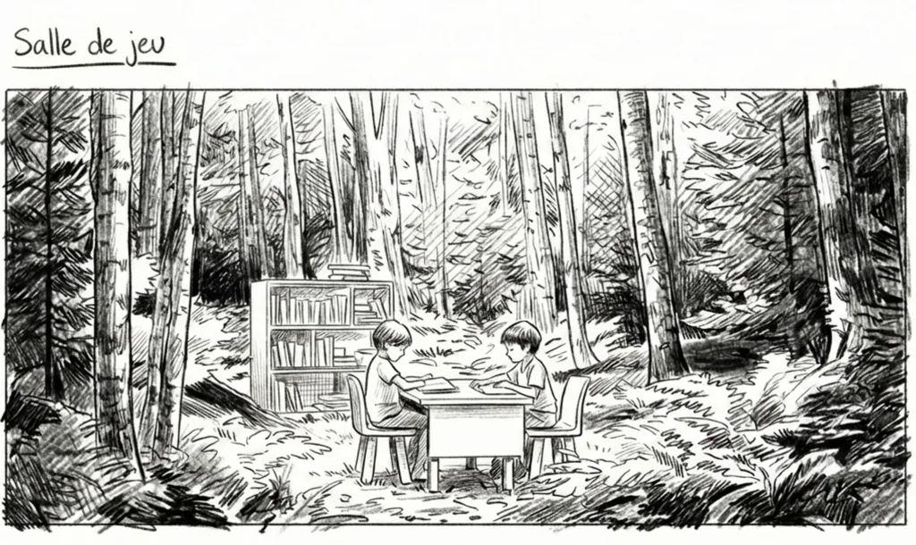 Illustrated storyboard 'Playroom': two children at a desk set up in the forest, Bonneville concept