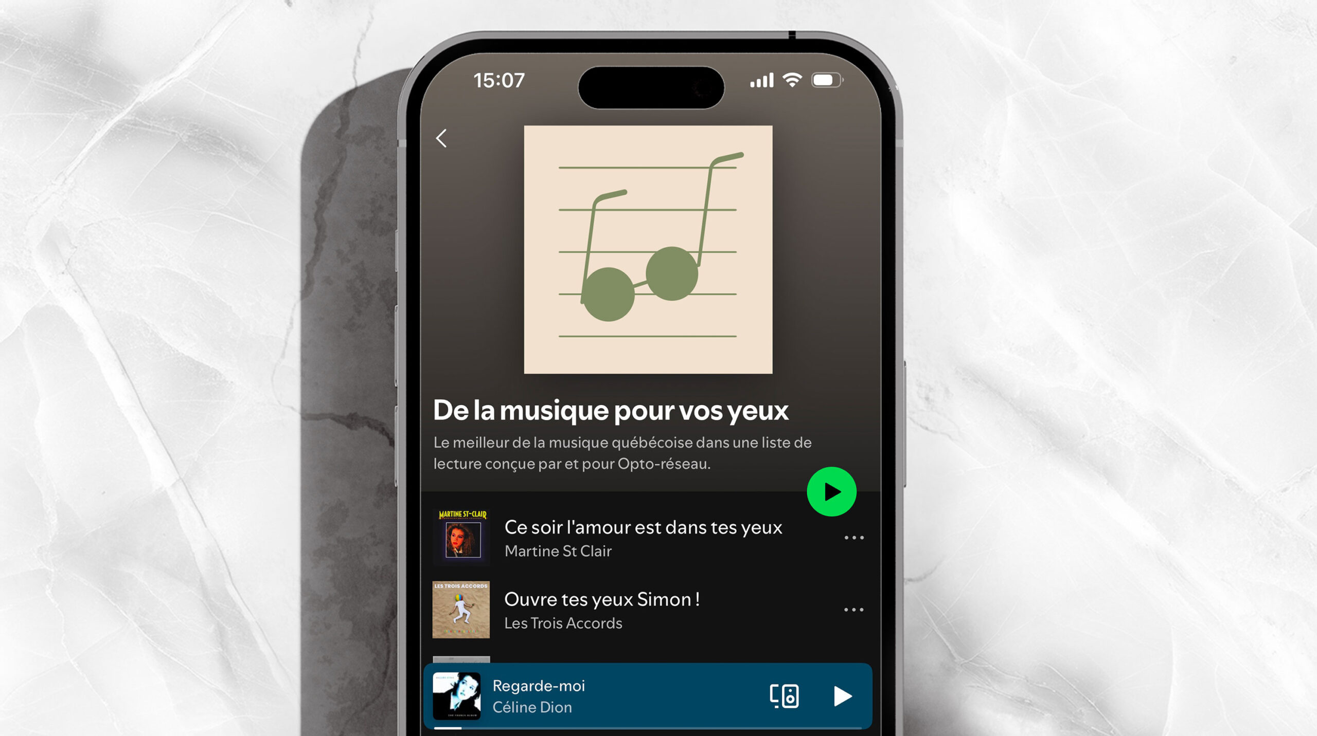 Téléphone affichant la liste de lecture « De la musique pour vos yeux » d'Opto-Réseau