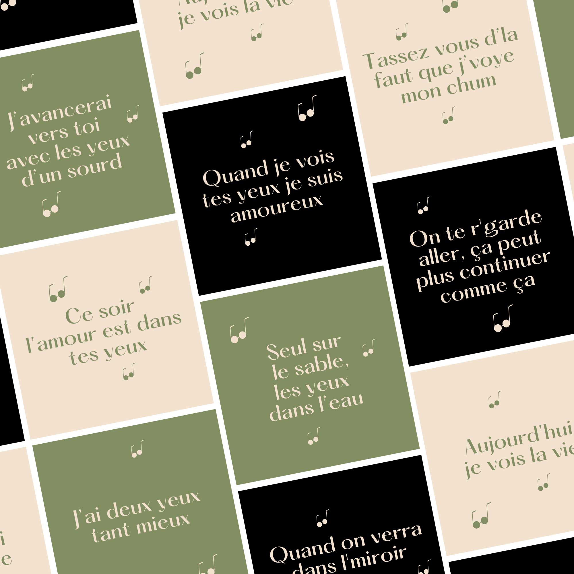 Mosaïque de visuels d'Opto-Réseau citant des paroles de chansons québécoises sur les yeux