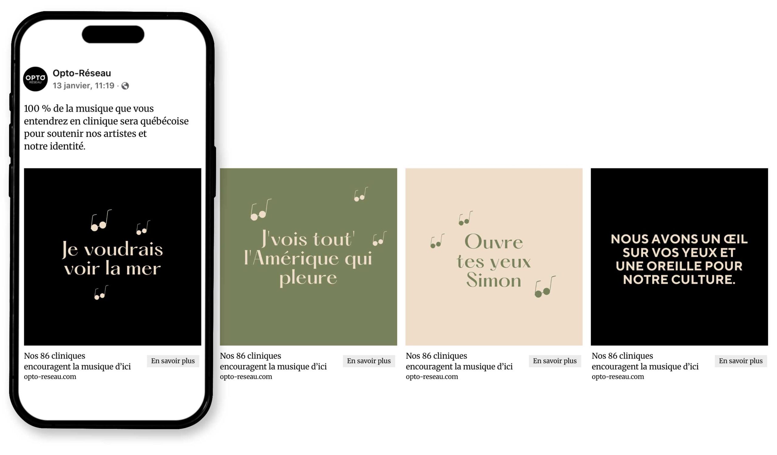 Publications Instagram d'Opto-Réseau citant des paroles de chansons québécoises sur le regard