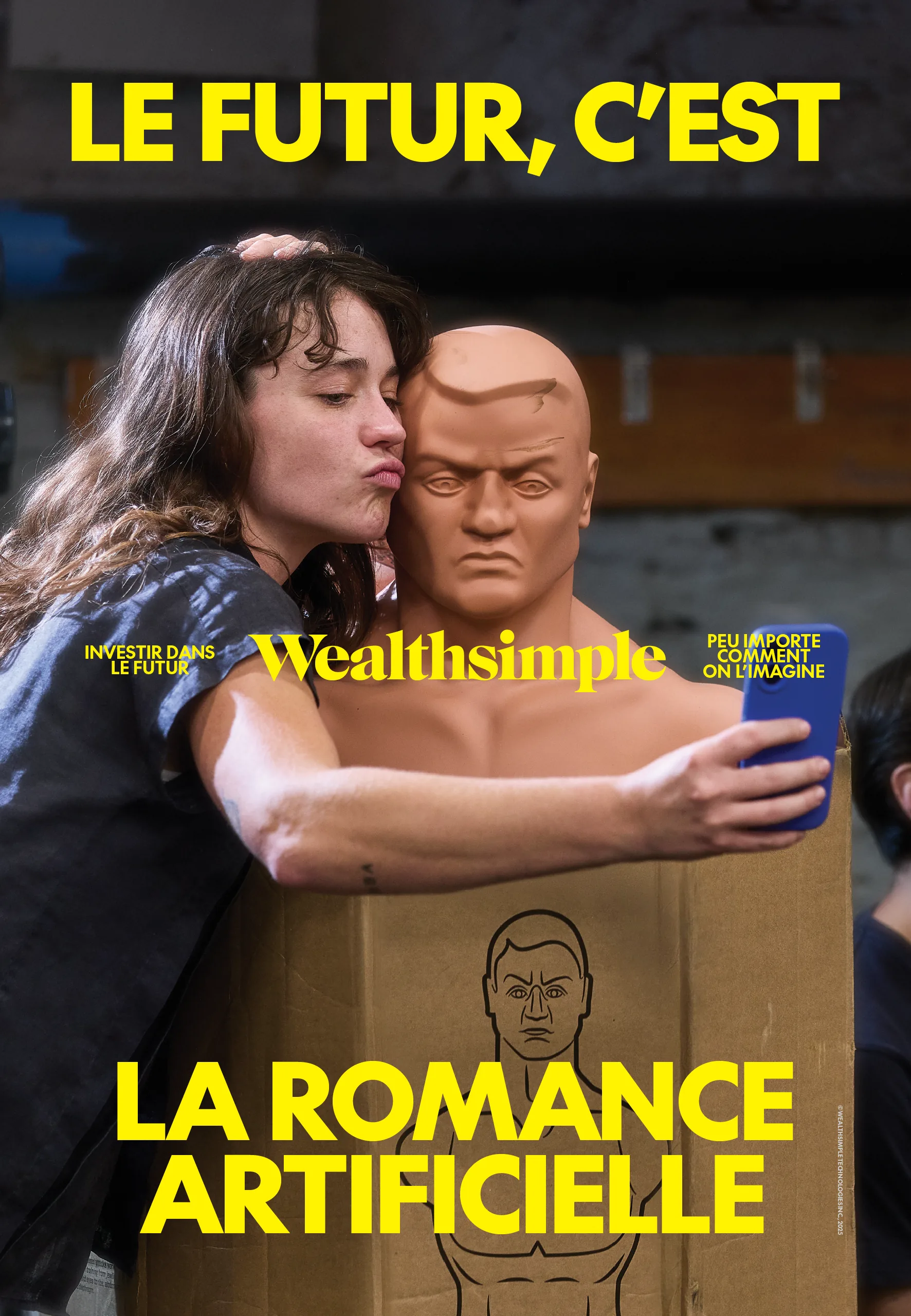 Wealthsimple poster “Le futur, c'est la romance artificielle”: a woman hugging a mannequin