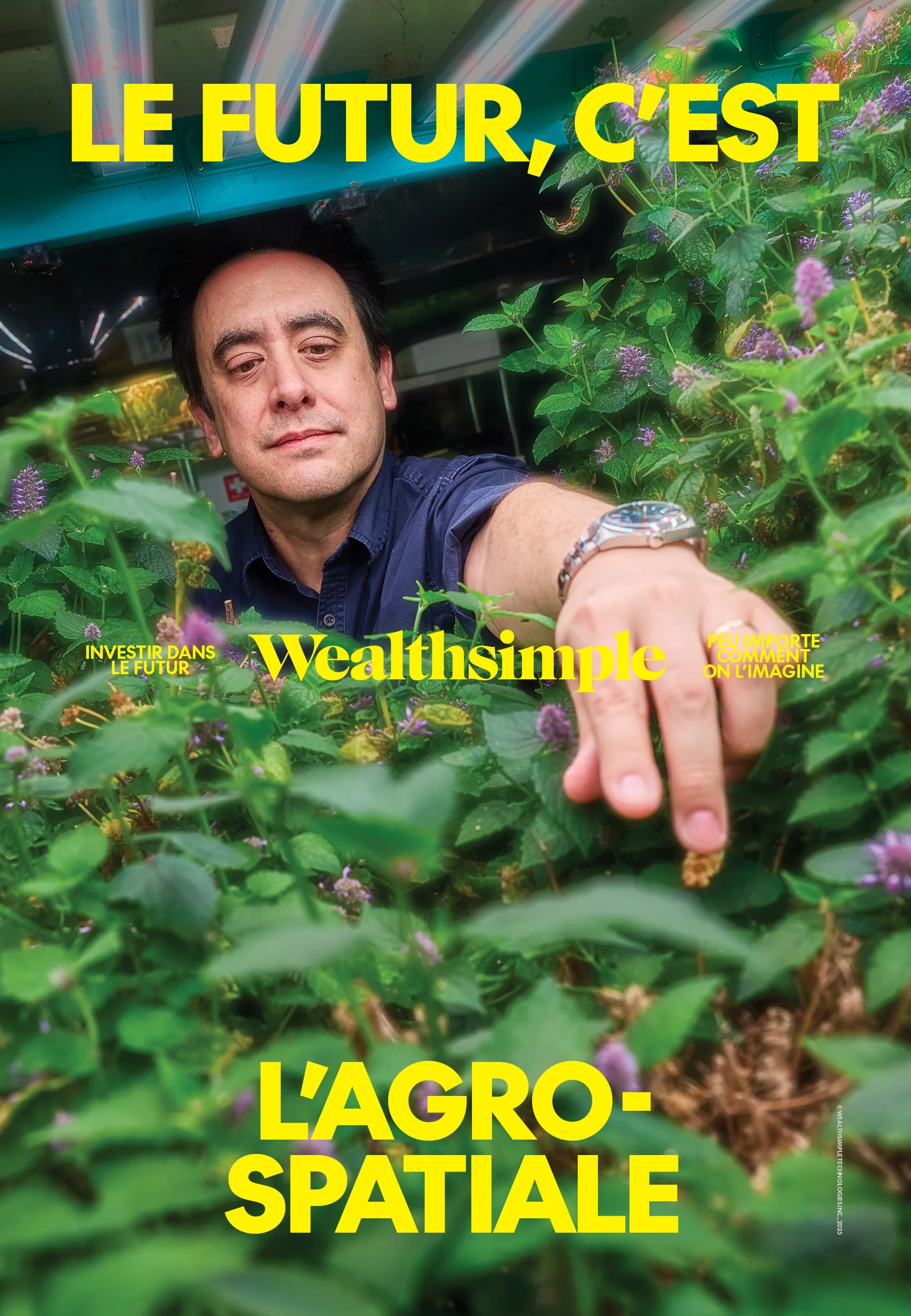 Wealthsimple poster “Le futur, c'est l'agrospatiale”: a man leaning into a lush garden