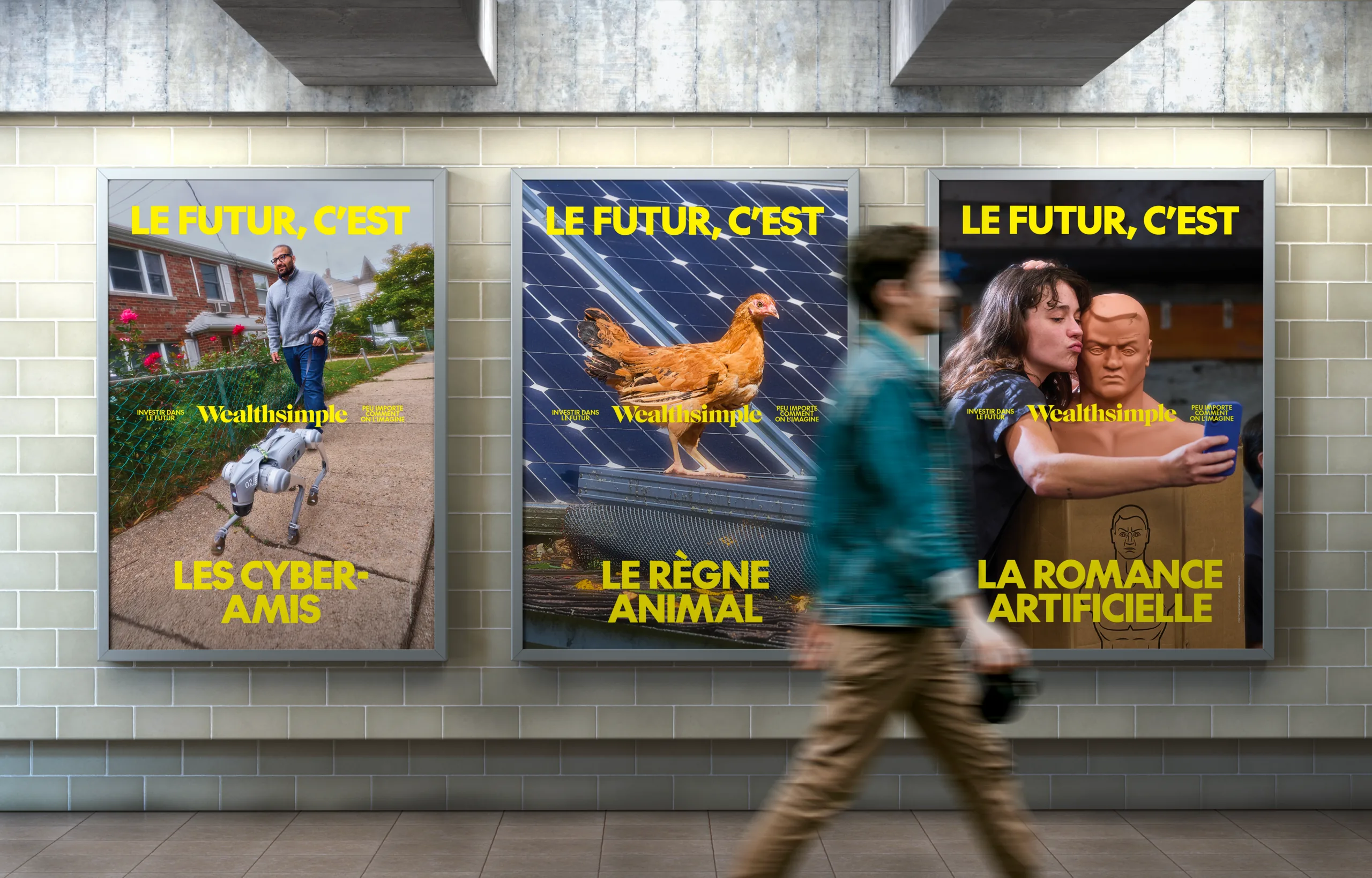 Three Futurists posters in a Metro corridor, with a passer-by walking past