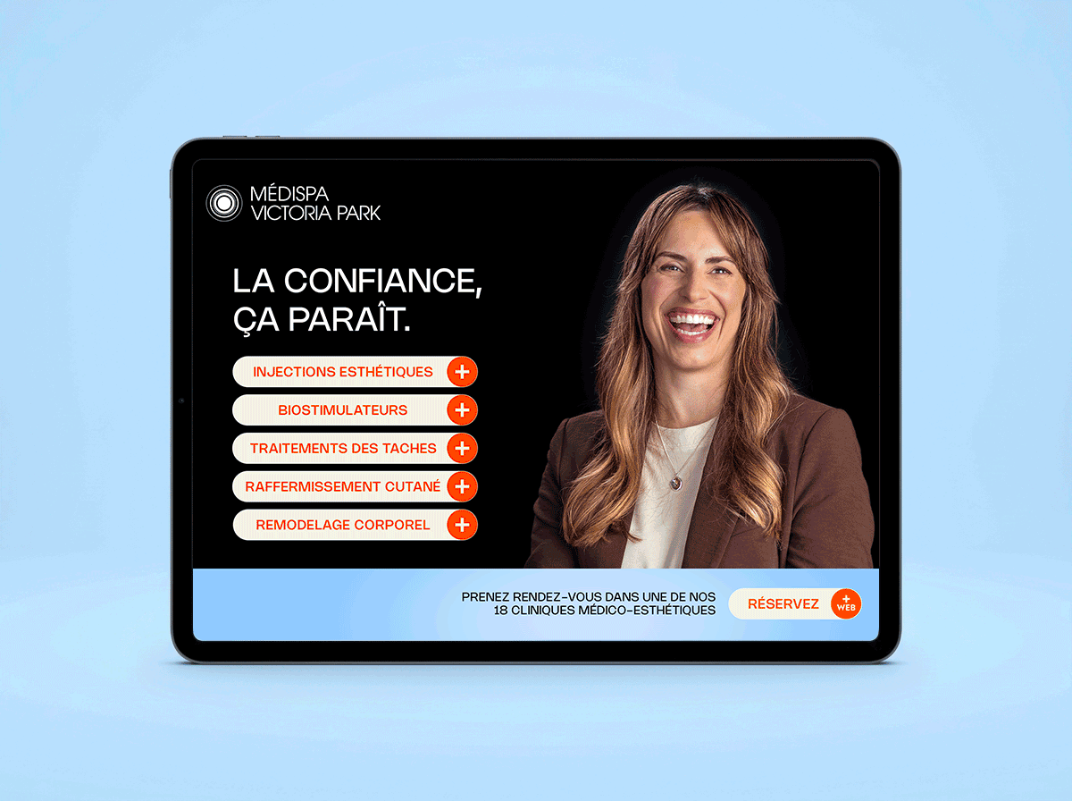 Tablet showing Victoria Park Medispa's “La confiance, ça paraît” ad in La Presse+