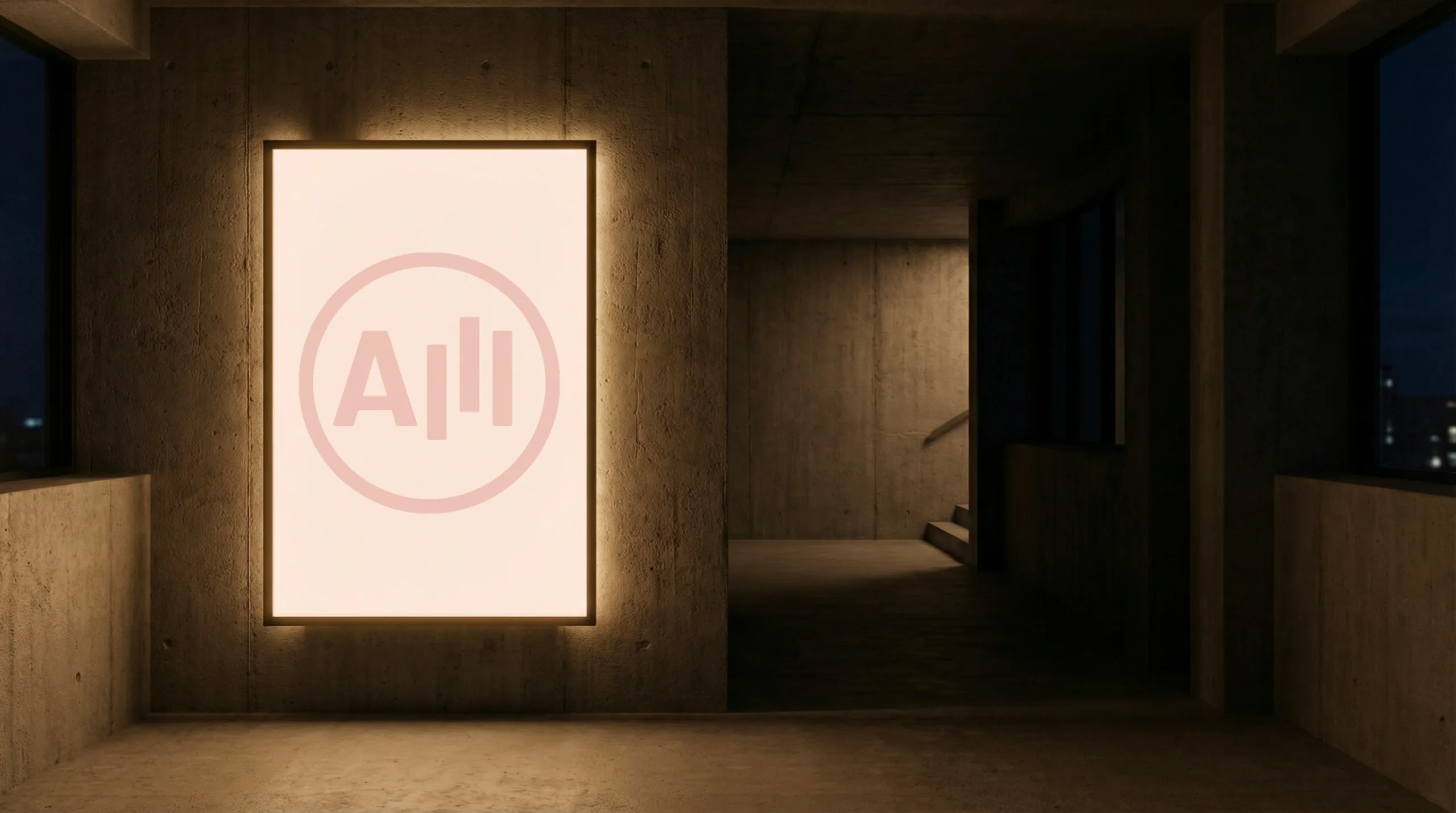 Lumiquai éclairé au sigle d'Alléluia sur un mur de béton, dans un édifice plongé dans la pénombre