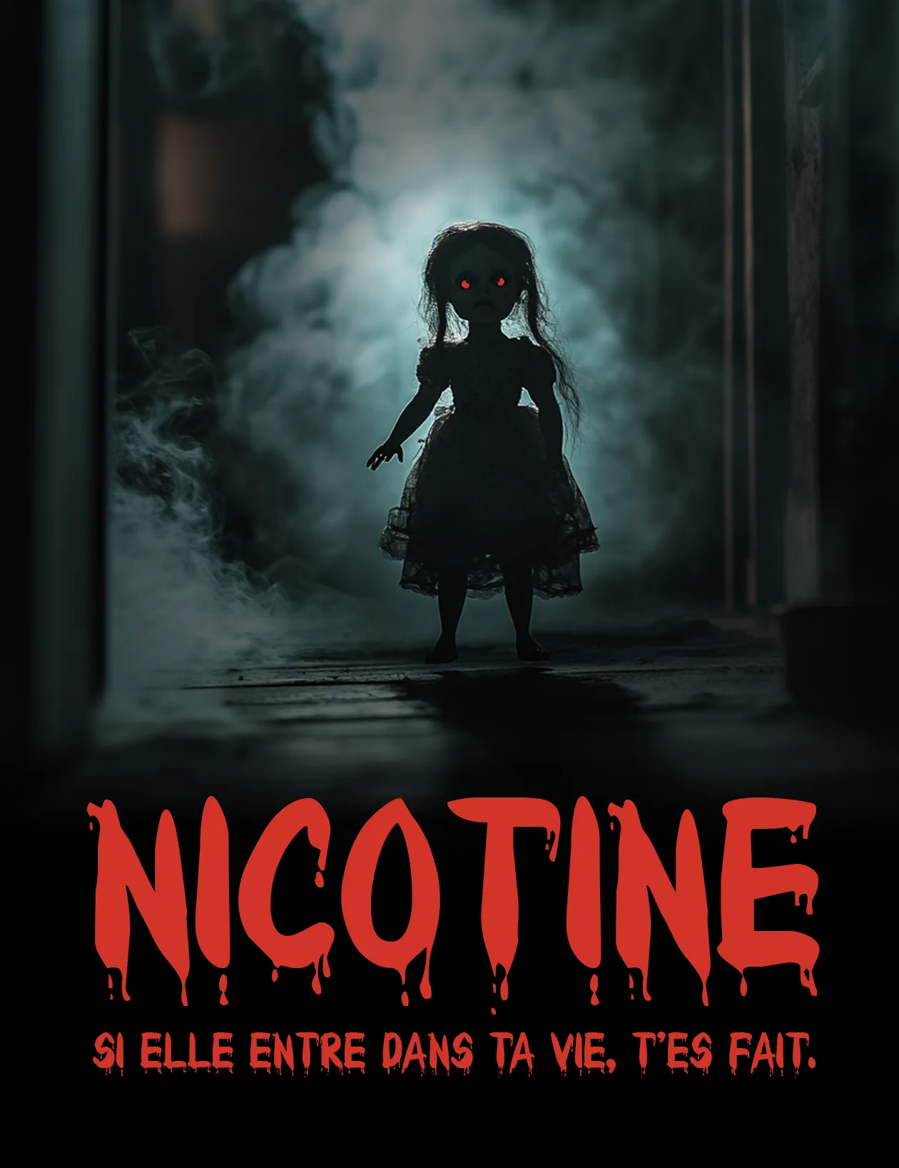 Maquette de début de projet : silhouette d’une poupée dans un couloir enfumé, titre « Nicotine » en lettres qui dégoulinent
