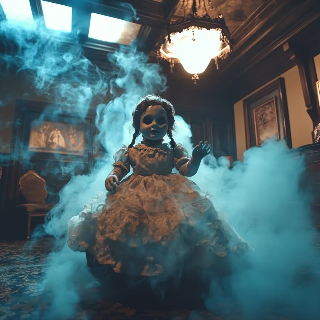 Une poupée à tresses entourée de fumée bleue dans un salon ancien, image générée par IA pour la planche d’ambiance