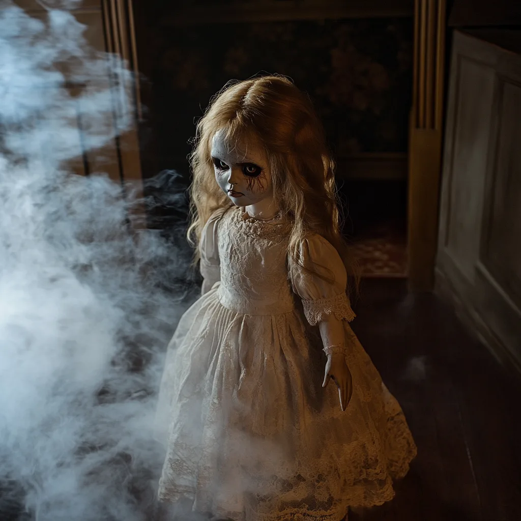 Poupée blonde en robe blanche dans une pièce sombre et enfumée, image générée par IA pour la planche d’ambiance